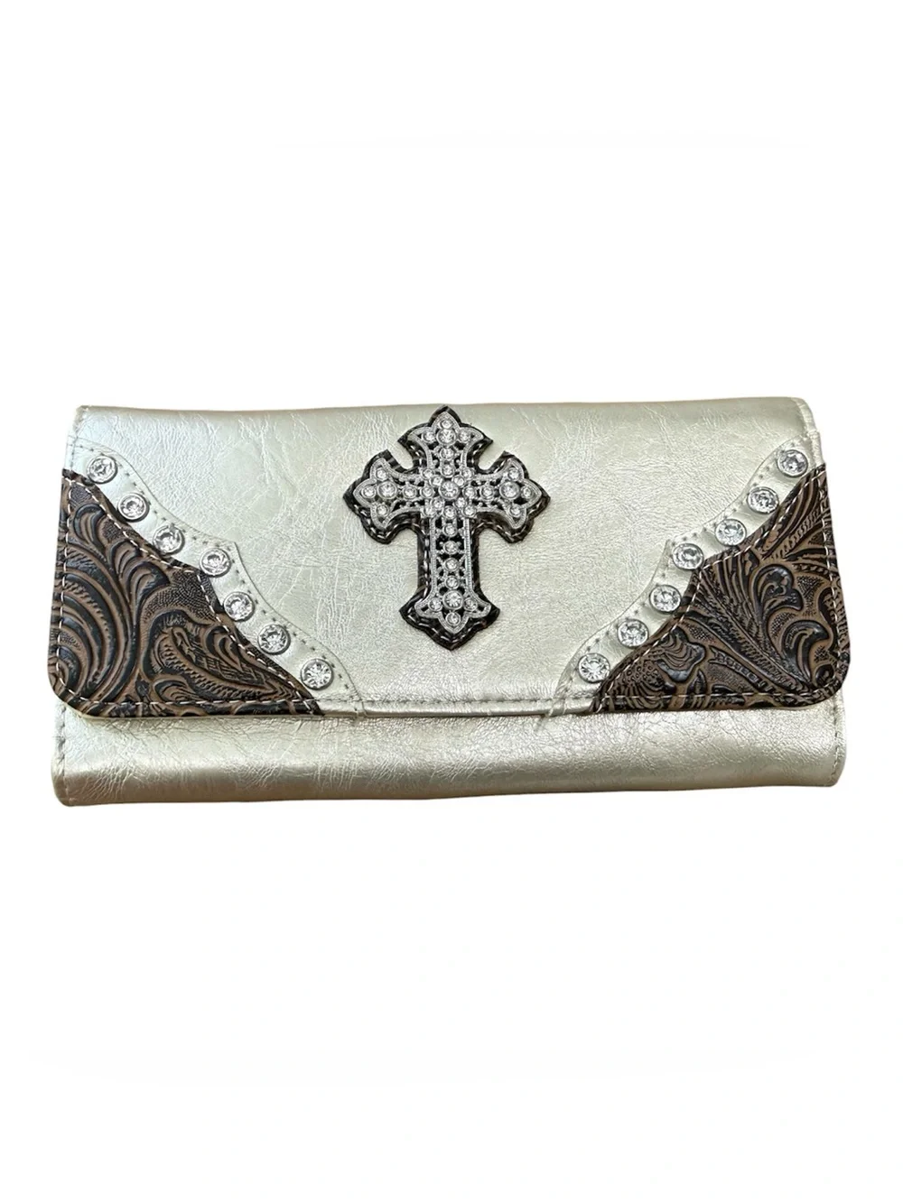 Y2K Faux Leather Western Cross Rhinestone Gold Wallet - Picture 1 of 7